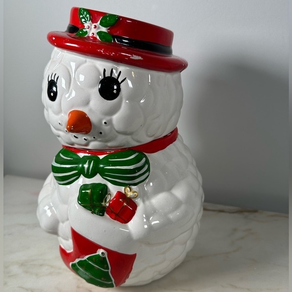 Vintage Other - Vintage Snow Lady Bow & Hat Cookie Jar White, Red, Green Carrot Nose Mistletoe